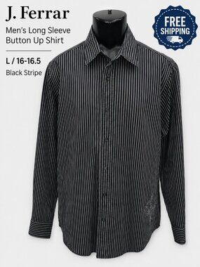 J. Ferrar Men's L Black Stripe Modern Fit 100% Cotton Embroidered Shirt